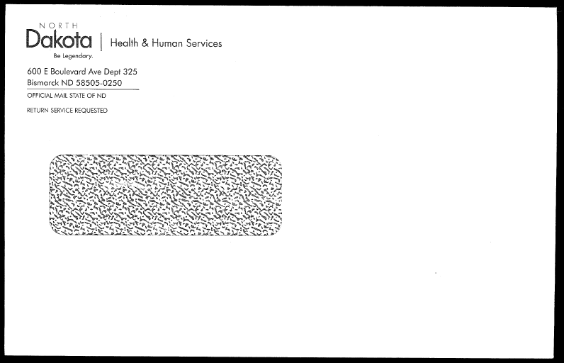 Envelope with ND Health and Human Services return address