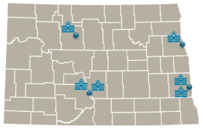 ND map with icons PPS hospitals in Bismarck, Fargo, Grand Forks and Minot