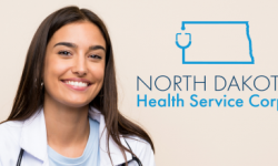 Young woman in a while physician coat with a stethoscope next to the ND Health Services Corps logo