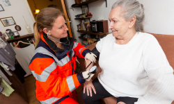 An older person is assisted by a paramedic in the home