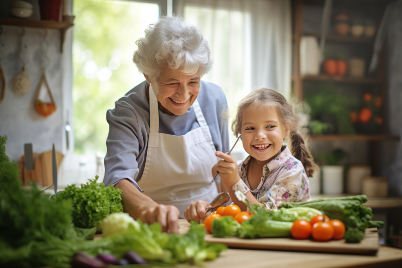 image of grandmother in the kitchen with grandaughter preparing vegetables