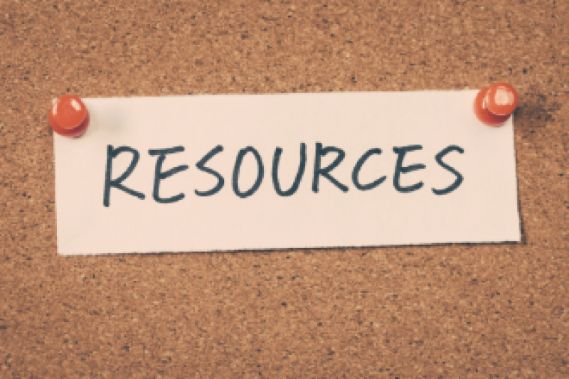 Bulletin board with note saying resources