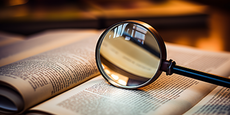A magnifying glass laying on top of an open book